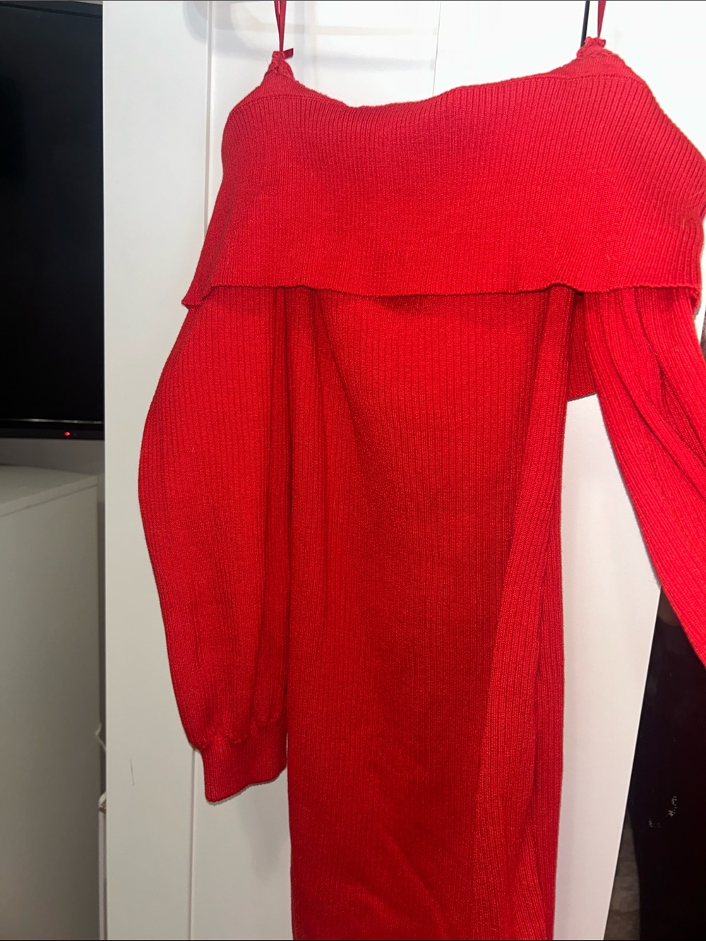 bebe Red Off-the-Shoulder Ribbed Knit Dress Sweater